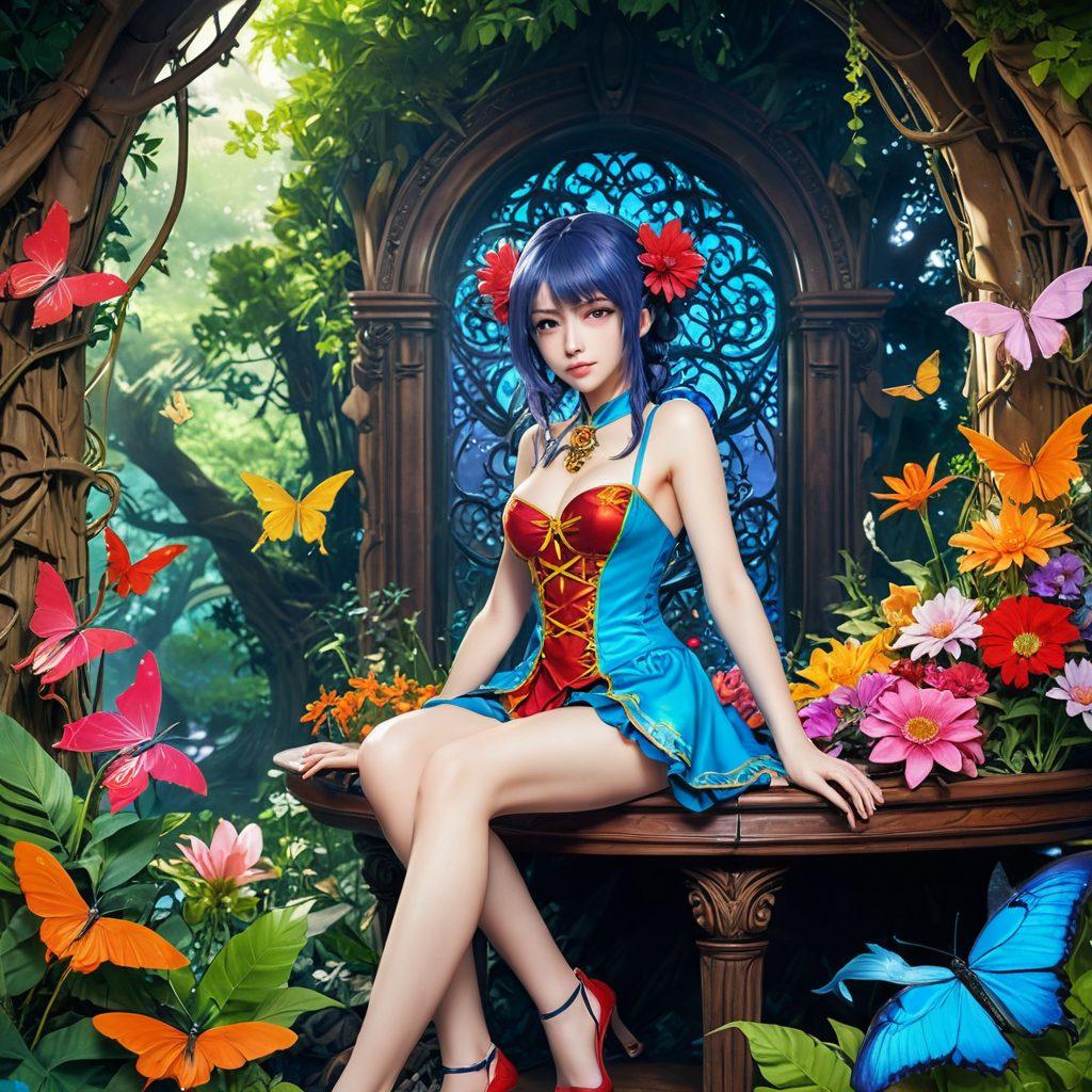 A sultry anime-inspired scene depicting a vibrant and whimsical world filled with fantastical characters, showcasing a range of erotic themes and styles. Include iconic elements from popular adult anime series, surrounded by colorful game artwork and storybooks. The background should blur slightly to emphasize the characters, and the overall mood should be playful yet alluring. Suggest a sense of exploration and adventure in this adult-themed universe. super-realistic. vibrant colors. fantasy art.